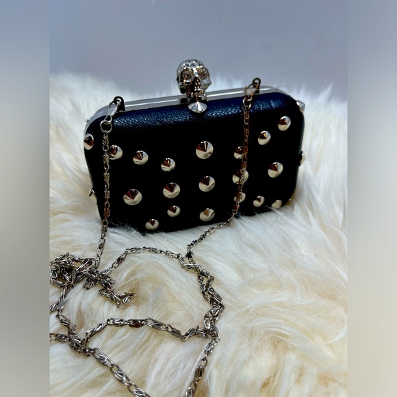Studded Skull Head Clutch/ Crossbody Faux Black Leather Silver-tone Hardware - Picture 1 of 16